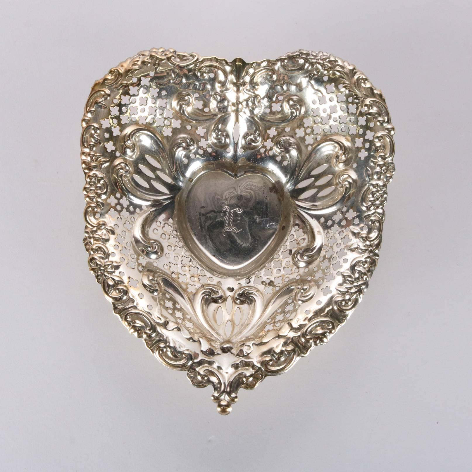 Antique Sterling Silver Gorham Heart Shaped Reticulated and Footed Dish 1