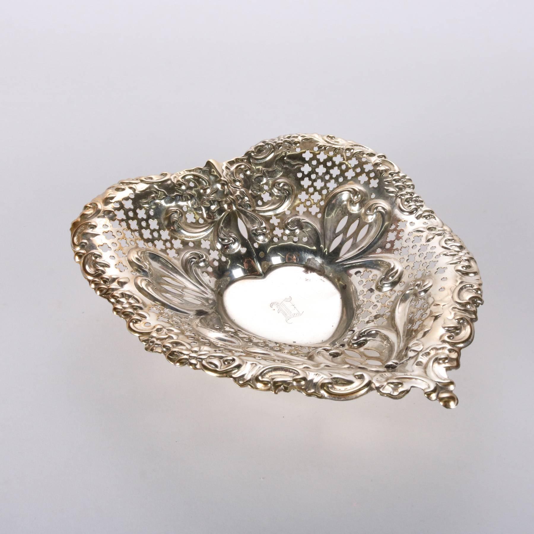 Antique Sterling Silver Gorham Heart Shaped Reticulated and Footed Dish 4