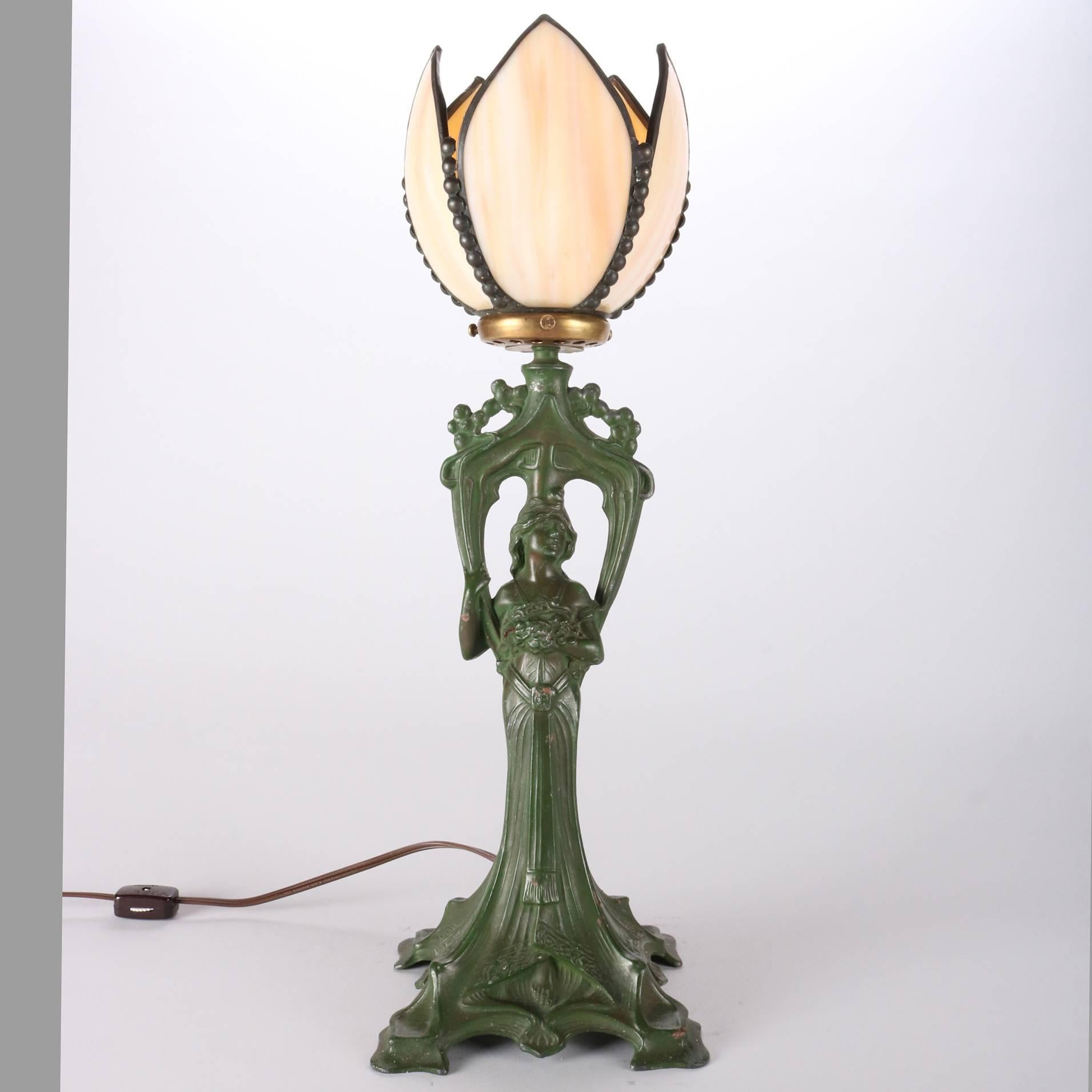 20th Century Antique Art Deco Green Figural Frankart School Woman Table Lamp, circa 1920