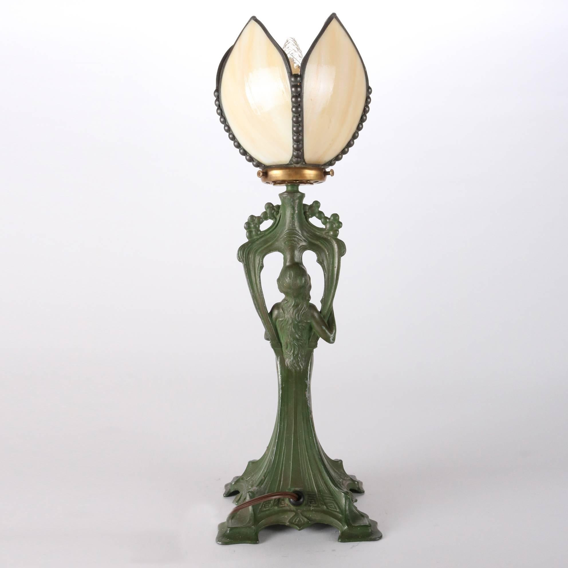 Painted Antique Art Deco Green Figural Frankart School Woman Table Lamp, circa 1920