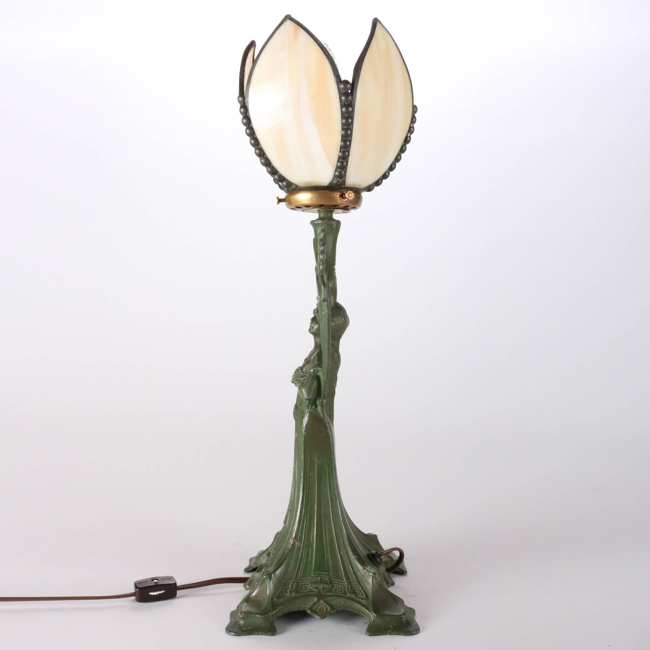 Antique Art Deco Green Figural Frankart School Woman Table Lamp, circa 1920 In Good Condition In Big Flats, NY