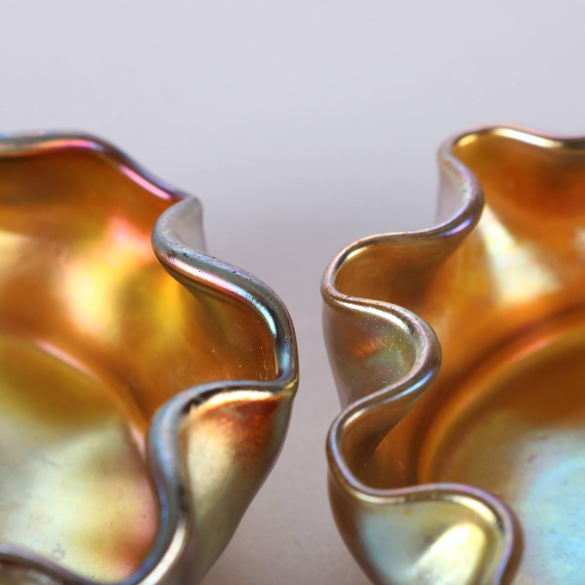 American Pair of Antique Louis Comfort Tiffany Gold Favrile Art Glass Salt Cellars