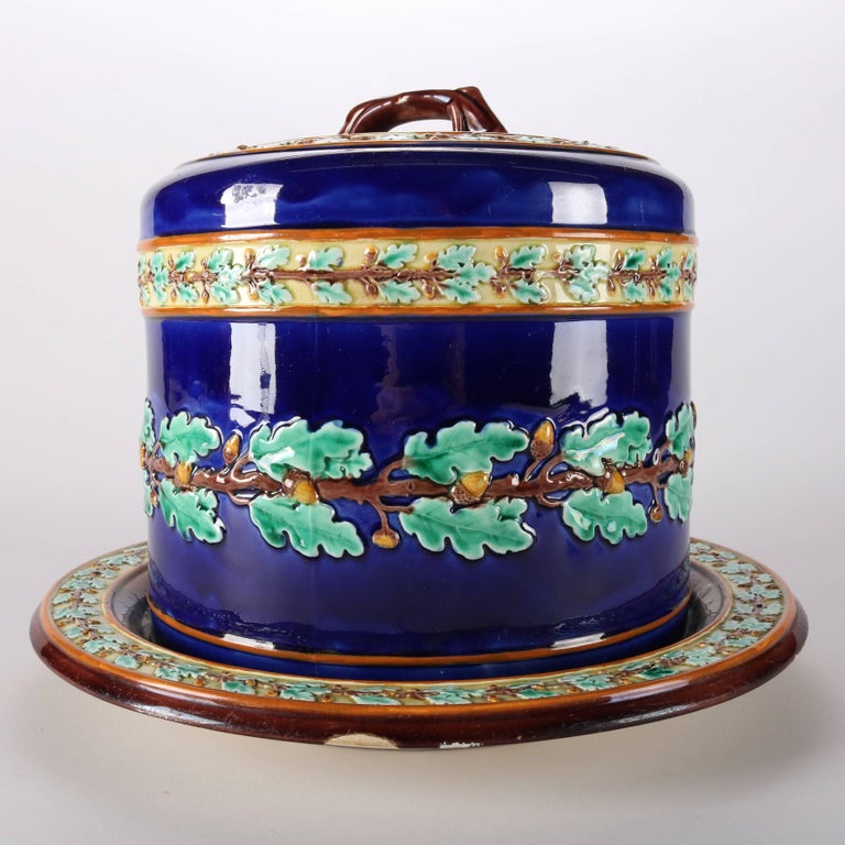 Antique English Wedgwood Majolica Cobalt Cheese Keeper, Oak Leaf and