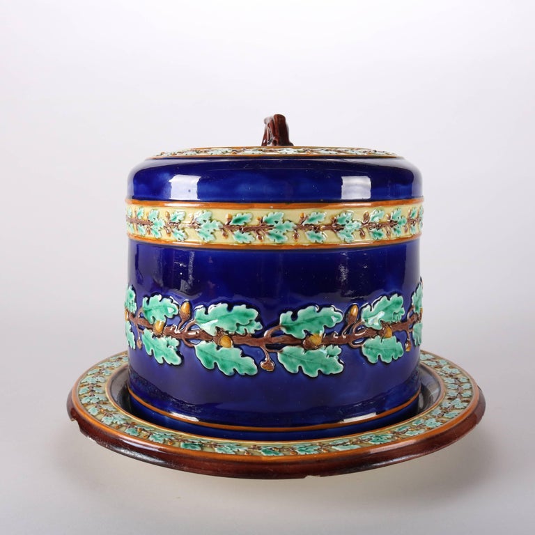 Antique English Wedgwood Majolica Cobalt Cheese Keeper, Oak Leaf and