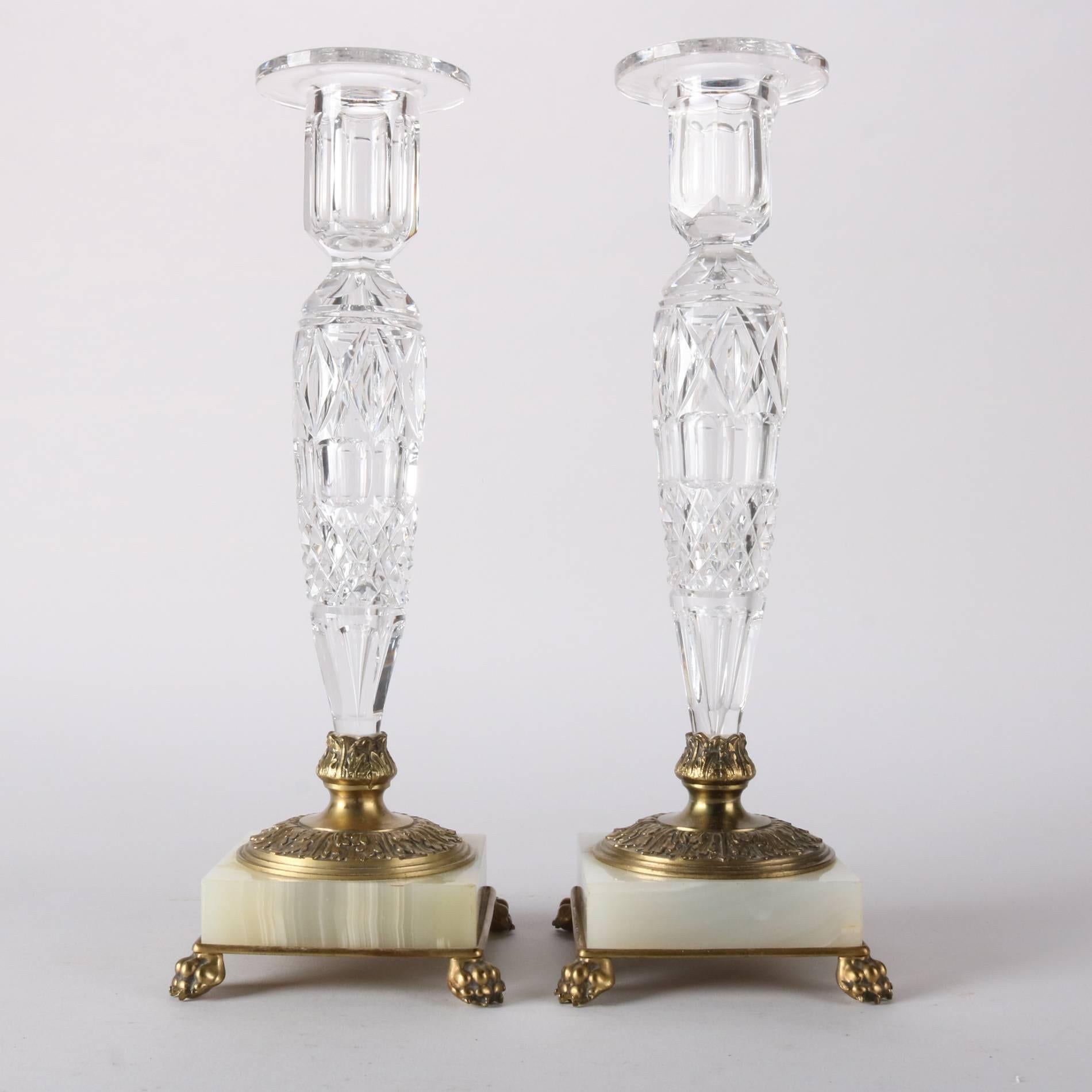 Pair of Antique Pairpoint Cut Crystal, Onyx and Brass Footed Candle Sticks 1