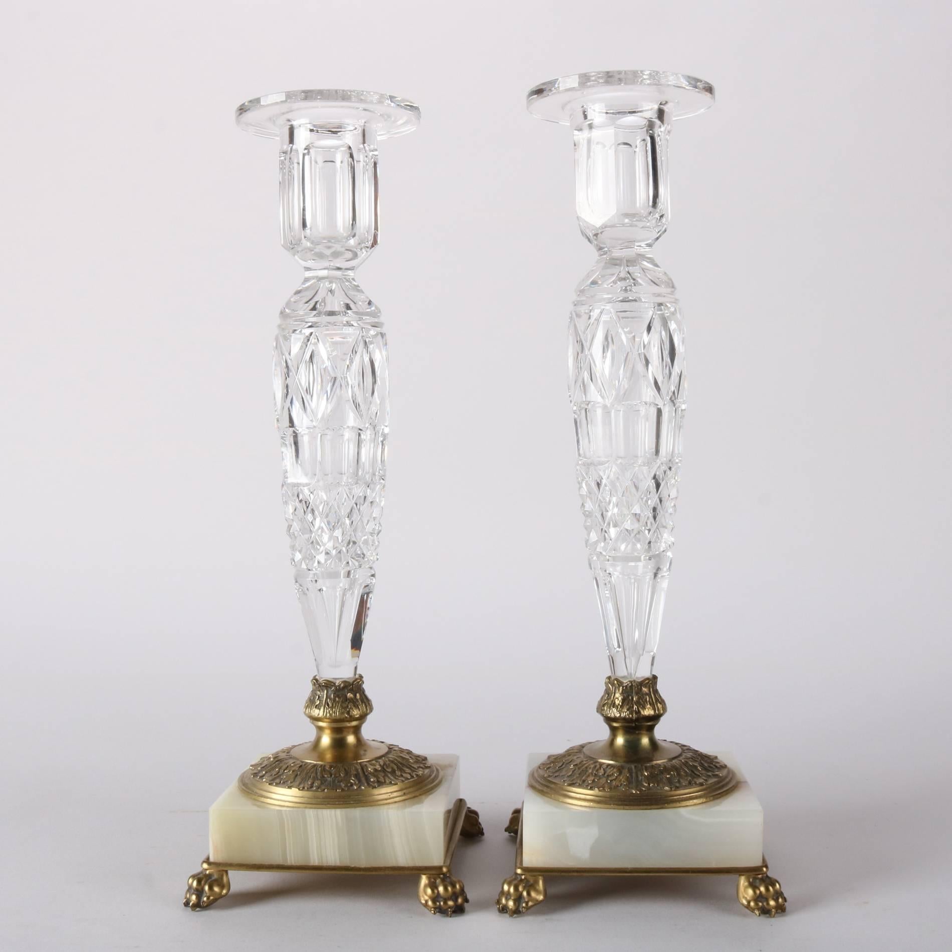20th Century Pair of Antique Pairpoint Cut Crystal, Onyx and Brass Footed Candle Sticks