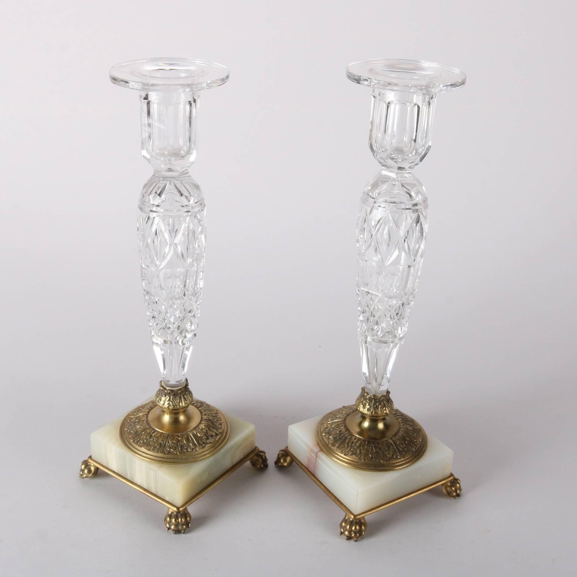 Pair of Antique Pairpoint Cut Crystal, Onyx and Brass Footed Candle Sticks 2