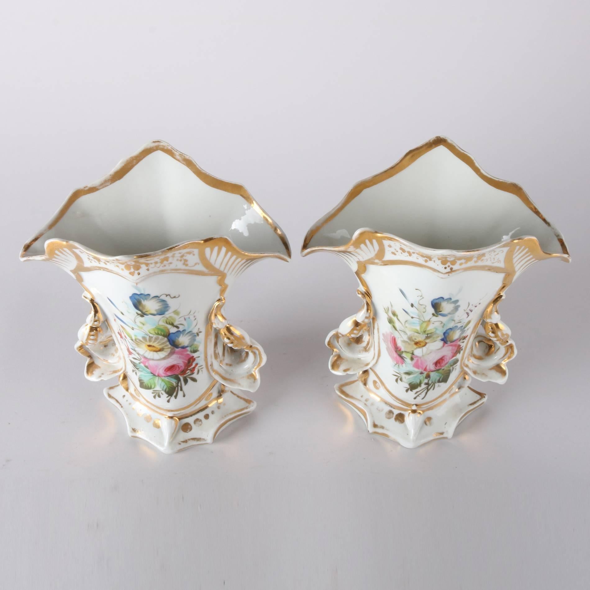 Pair of Antique French Old Paris Hand-Painted & Gilt Handled Spill Vases 3