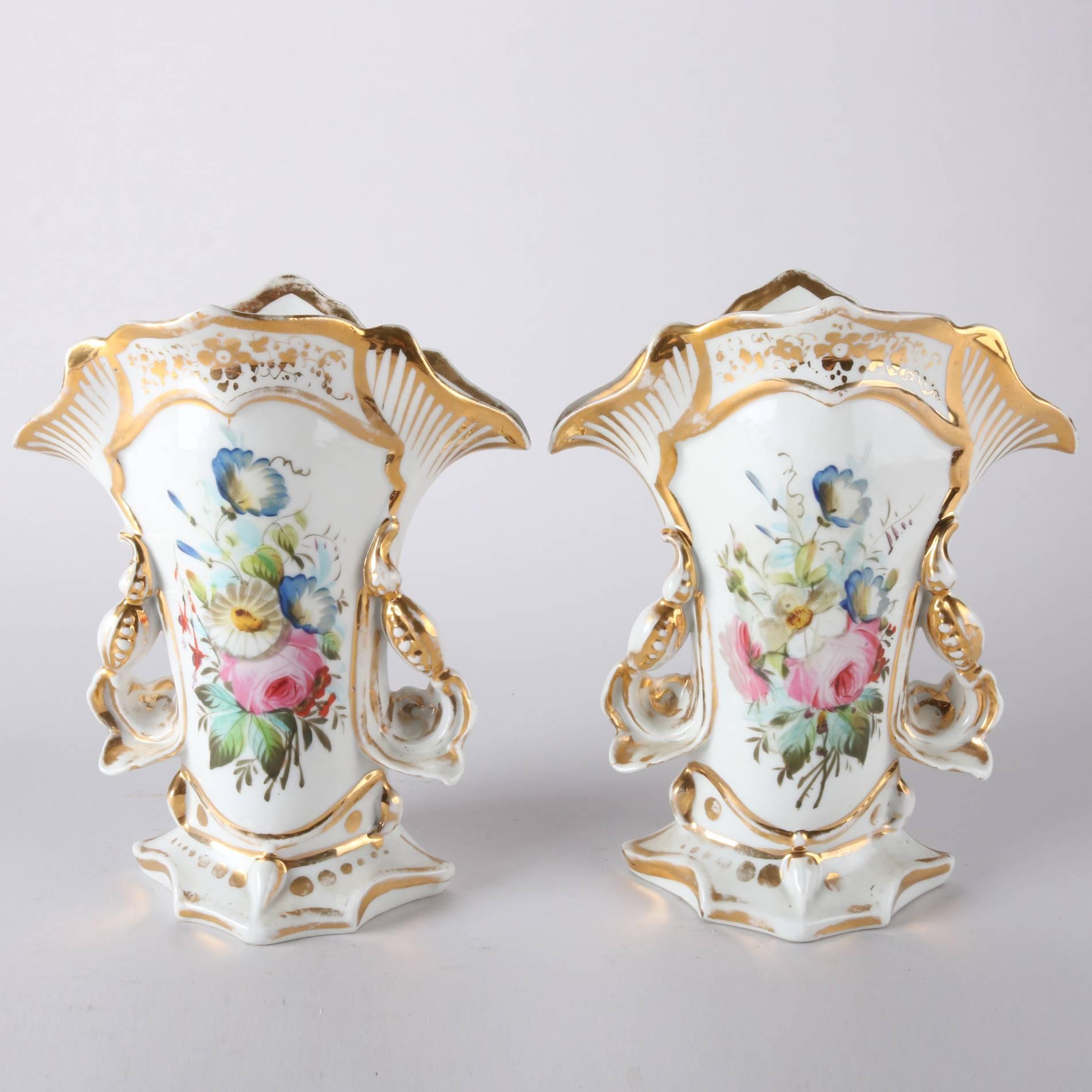Pair of Antique French Old Paris Hand-Painted & Gilt Handled Spill Vases 2