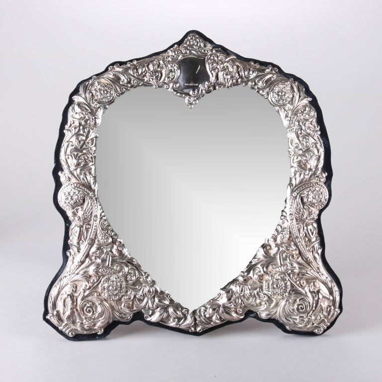 Oversized Antique Heart Repoussé Sterling Silver Vanity Mirror 20th Oversized Antique Sterling Silver 925 Vanity Mirror Features Heart Form With Scroll And