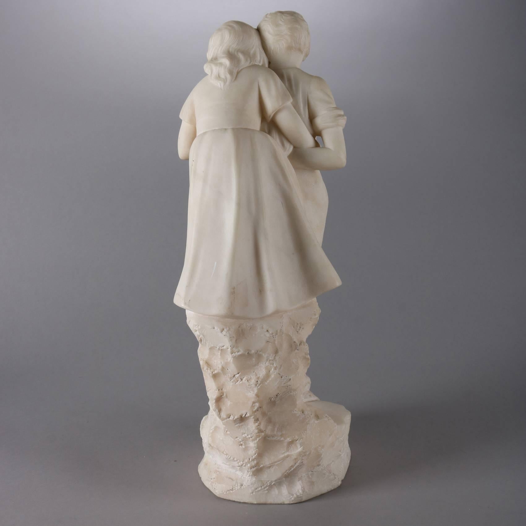 English Antique Figural Carved Alabaster Sculpture of Courting Couple, 20th Century