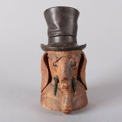 Antique German Black Forest Hand-Carved Top Hat Elephant Inkwell, 19th Century
