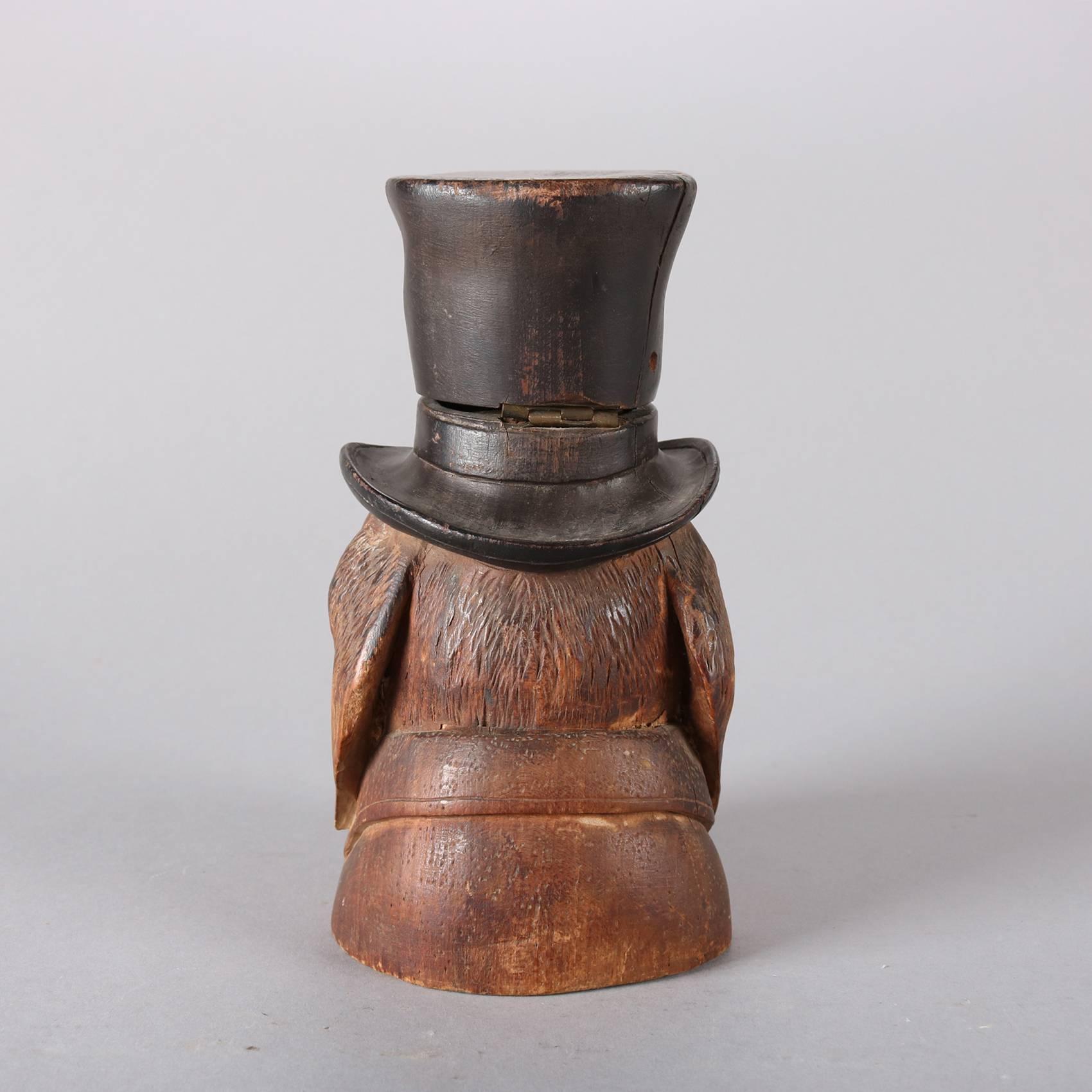 Wood Antique German Black Forest Hand-Carved Top Hat Elephant Inkwell, 19th Century