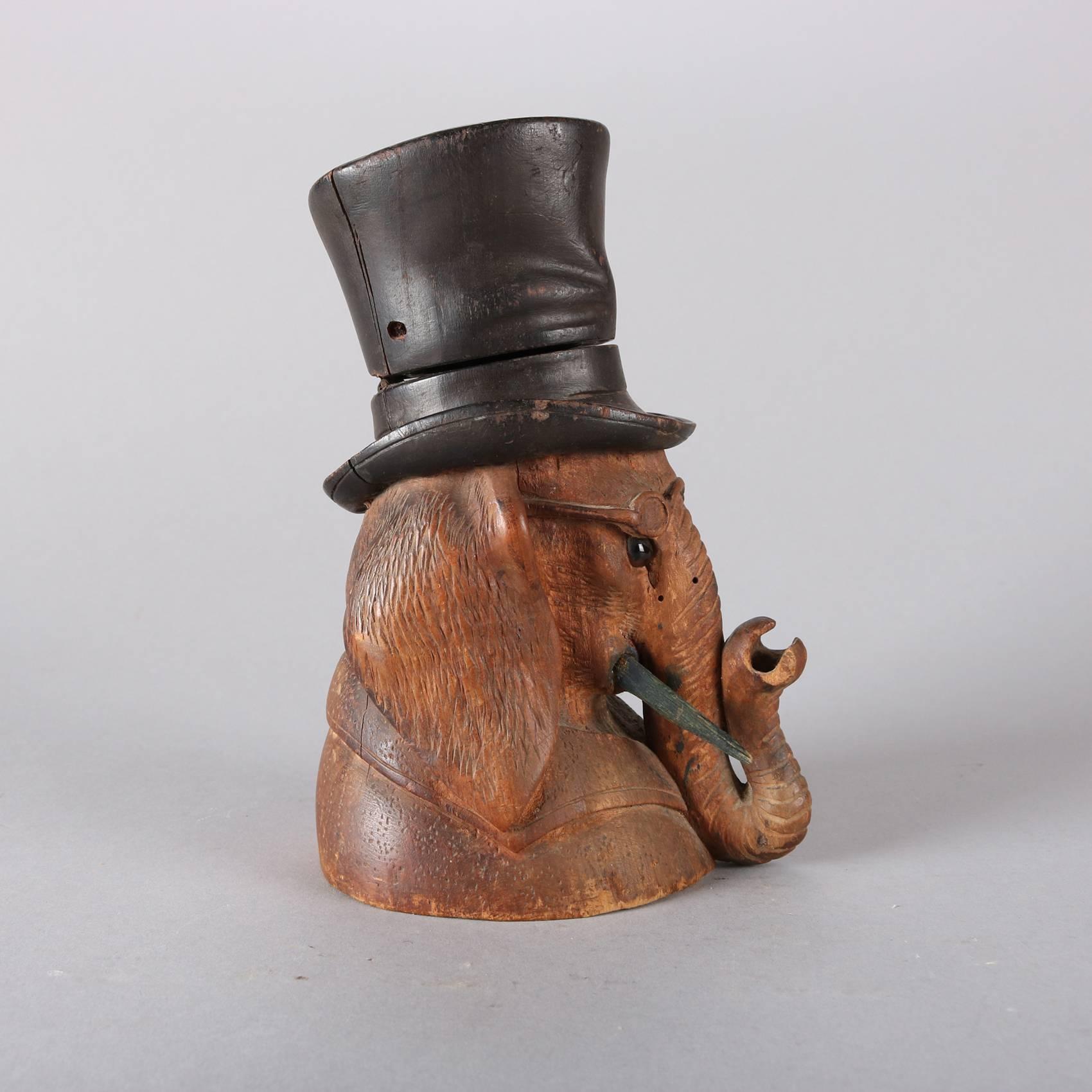 Antique German Black Forest Hand-Carved Top Hat Elephant Inkwell, 19th Century 1