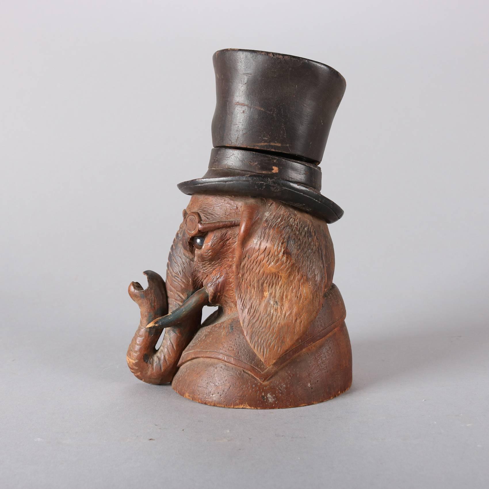 Antique German Black Forest Hand-Carved Top Hat Elephant Inkwell, 19th Century In Good Condition In Big Flats, NY