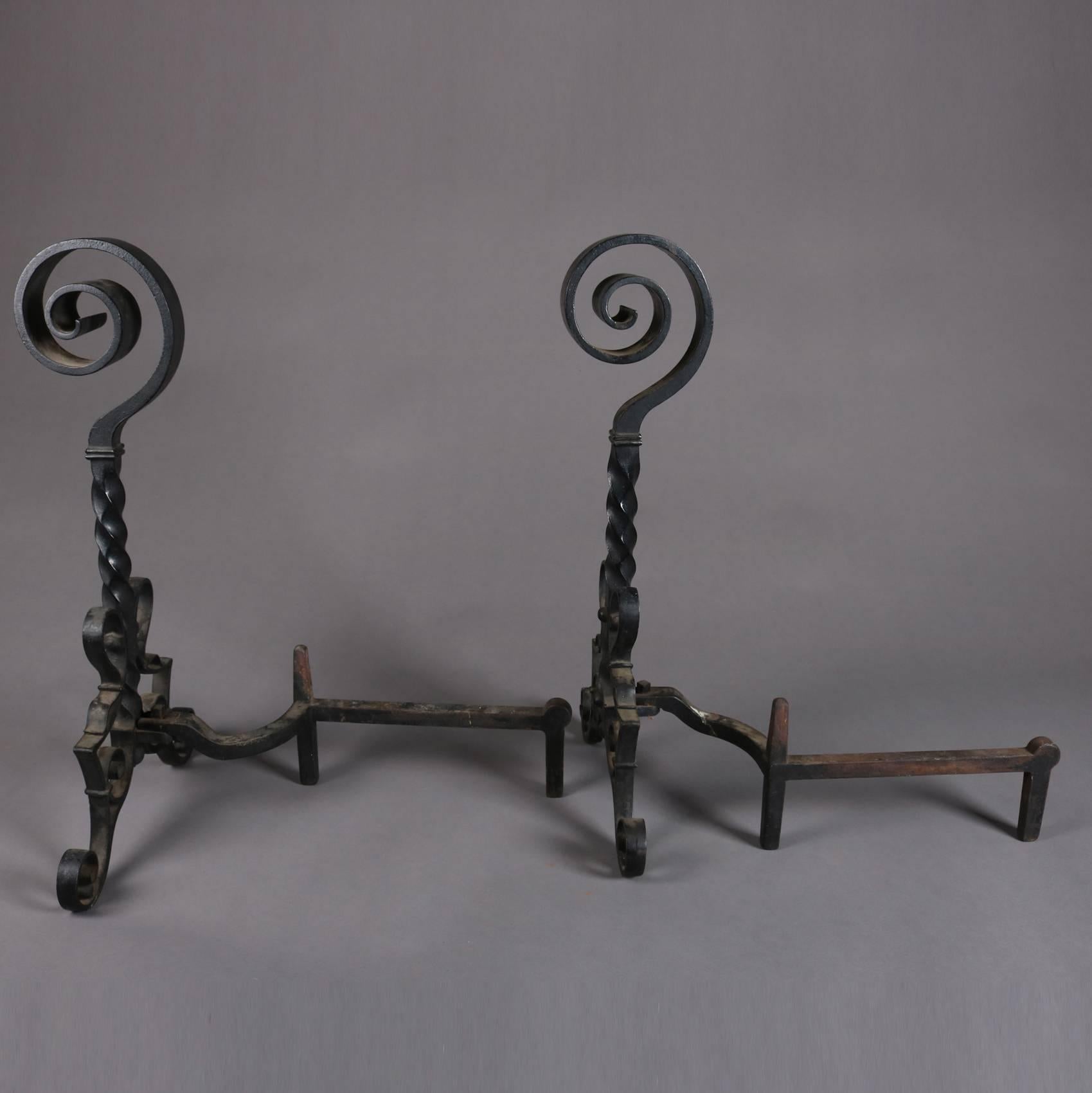 Antique Arts & Crafts Yellin School Bradley & Hubbard Wrought Iron Andirons Pair In Good Condition In Big Flats, NY