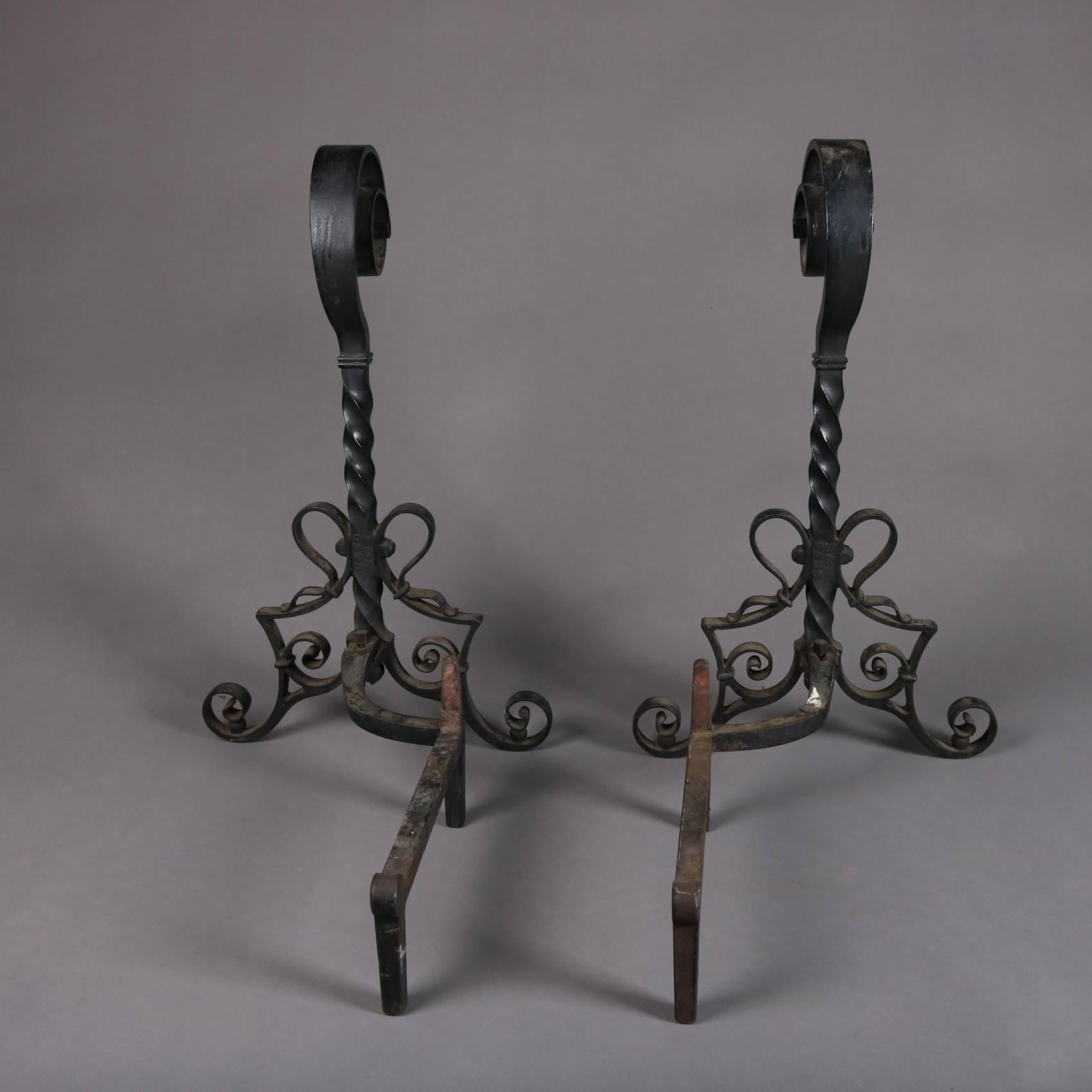 Hand-Crafted Antique Arts & Crafts Yellin School Bradley & Hubbard Wrought Iron Andirons Pair