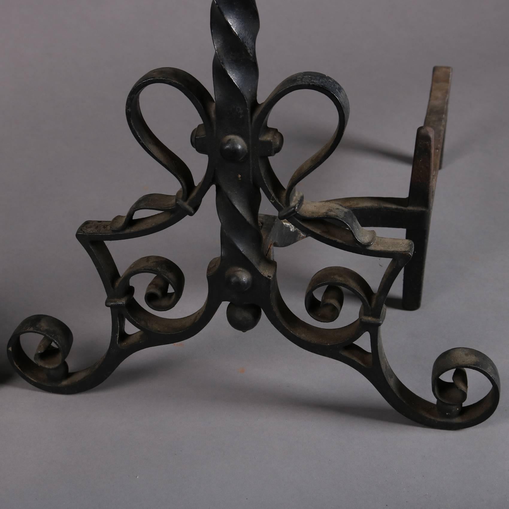 Antique Arts & Crafts Yellin School Bradley & Hubbard Wrought Iron Andirons Pair 1