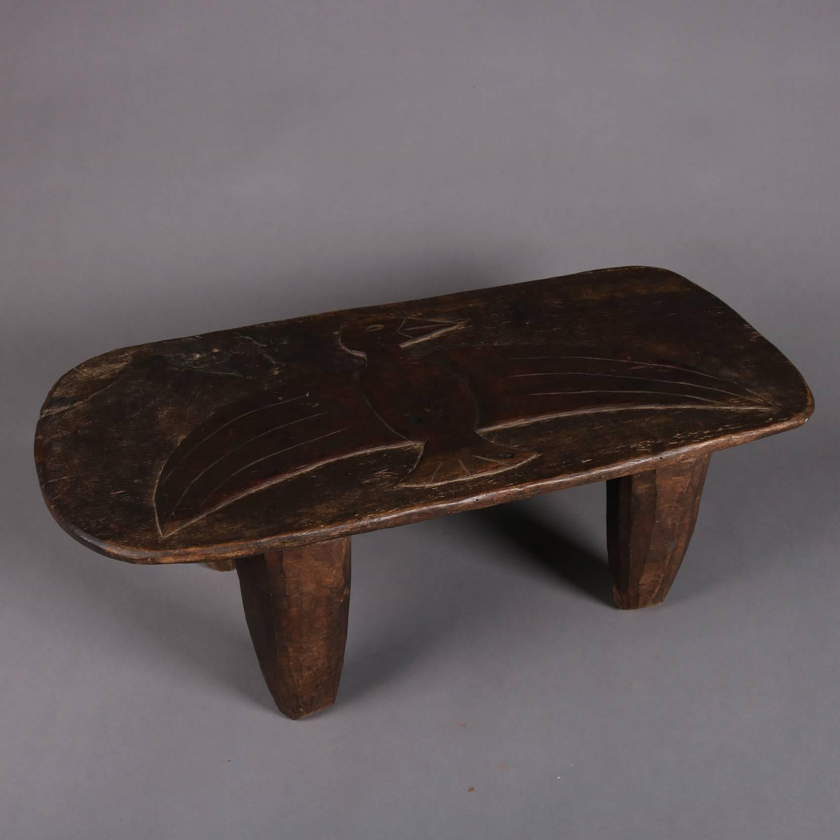 Wood Folk Art Oaxacan Hand-Carved Primitive Low Bench with Eagle, 19th Century