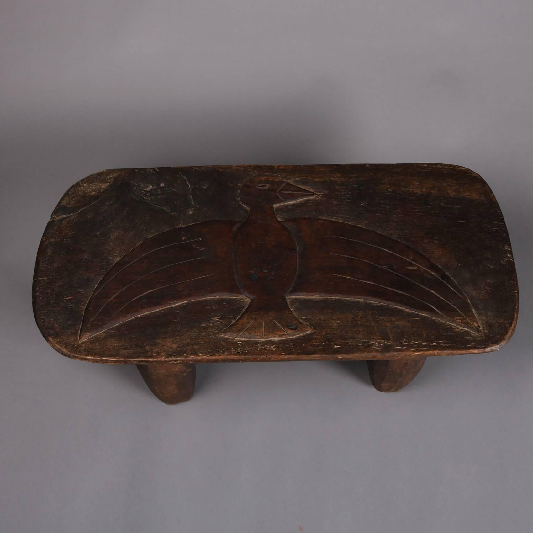 North American Folk Art Oaxacan Hand-Carved Primitive Low Bench with Eagle, 19th Century