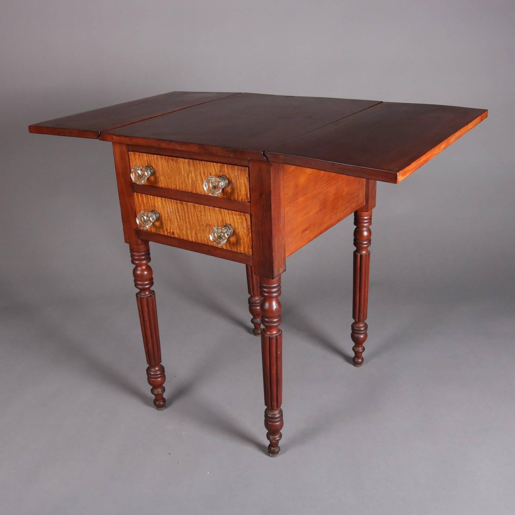 Glass Antique Sheraton Tiger Maple and Cherry Two-Drawer Drop Leaf Stand, 19th Century