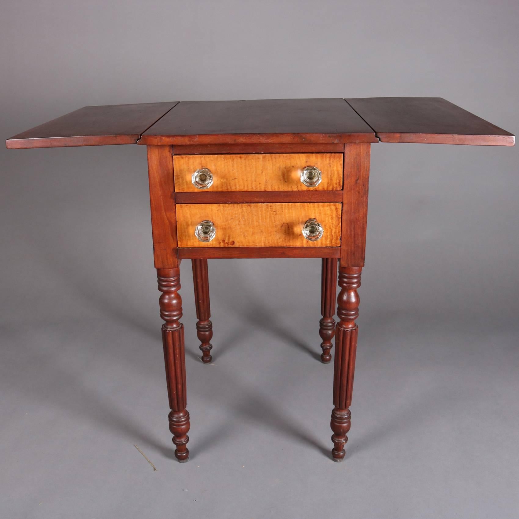 Molded Antique Sheraton Tiger Maple and Cherry Two-Drawer Drop Leaf Stand, 19th Century