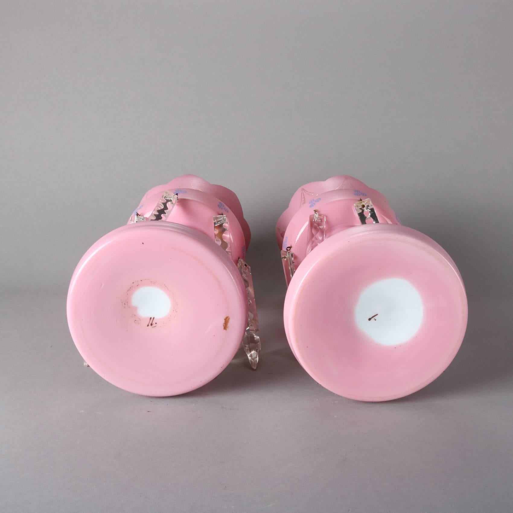 Pair of Antique Pink Cased Glass and Crystal Painted and Gilt Mantel Lusters 3