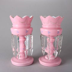 Pair of Antique Pink Cased Glass and Crystal Painted and Gilt Mantel Lusters