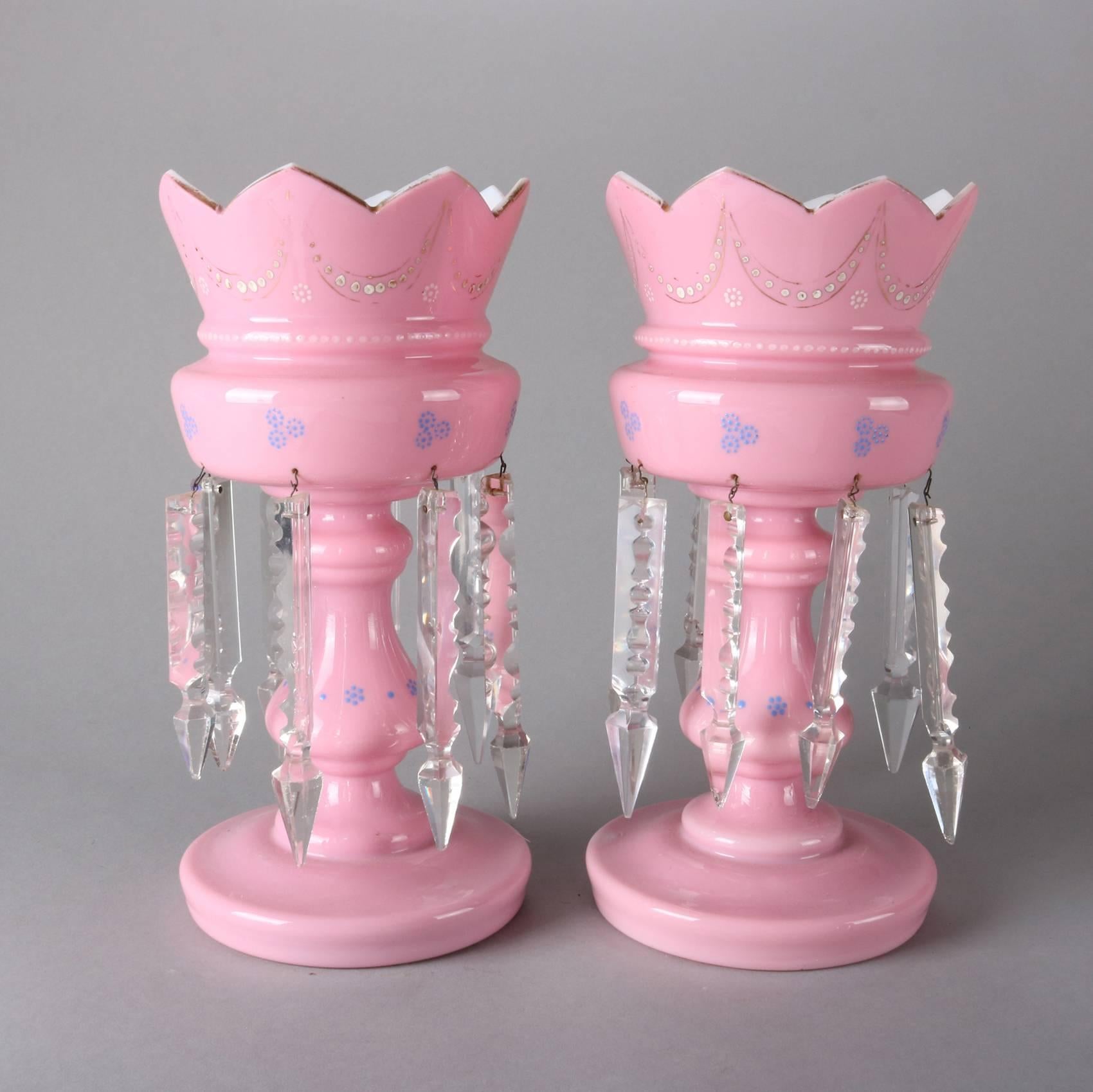 American Pair of Antique Pink Cased Glass and Crystal Painted and Gilt Mantel Lusters
