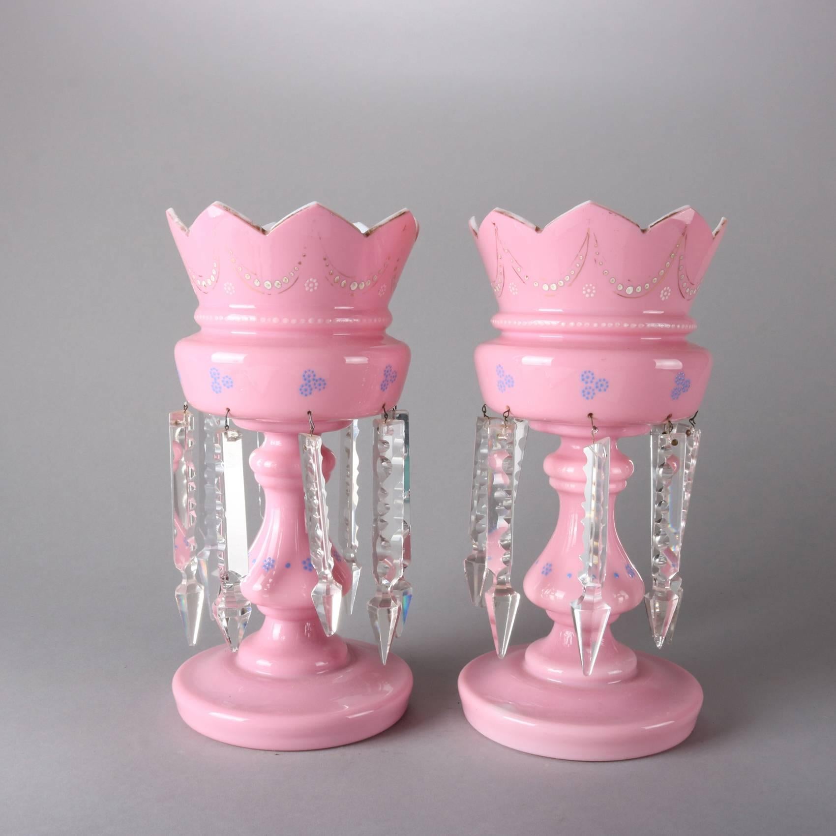 Enameled Pair of Antique Pink Cased Glass and Crystal Painted and Gilt Mantel Lusters