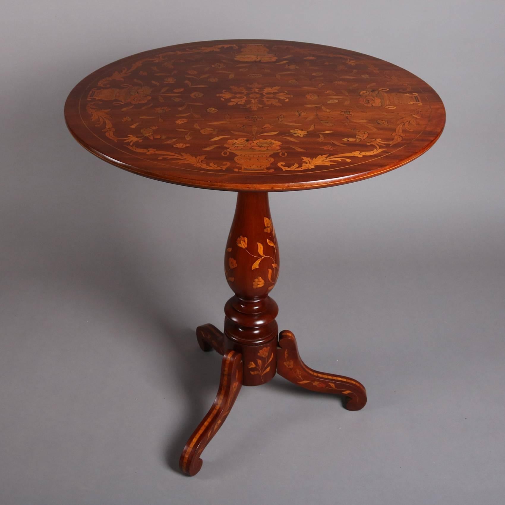 European Antique Mahogany & Satinwood Floral Marquetry Inlaid Tilt-Top Table 19th Century