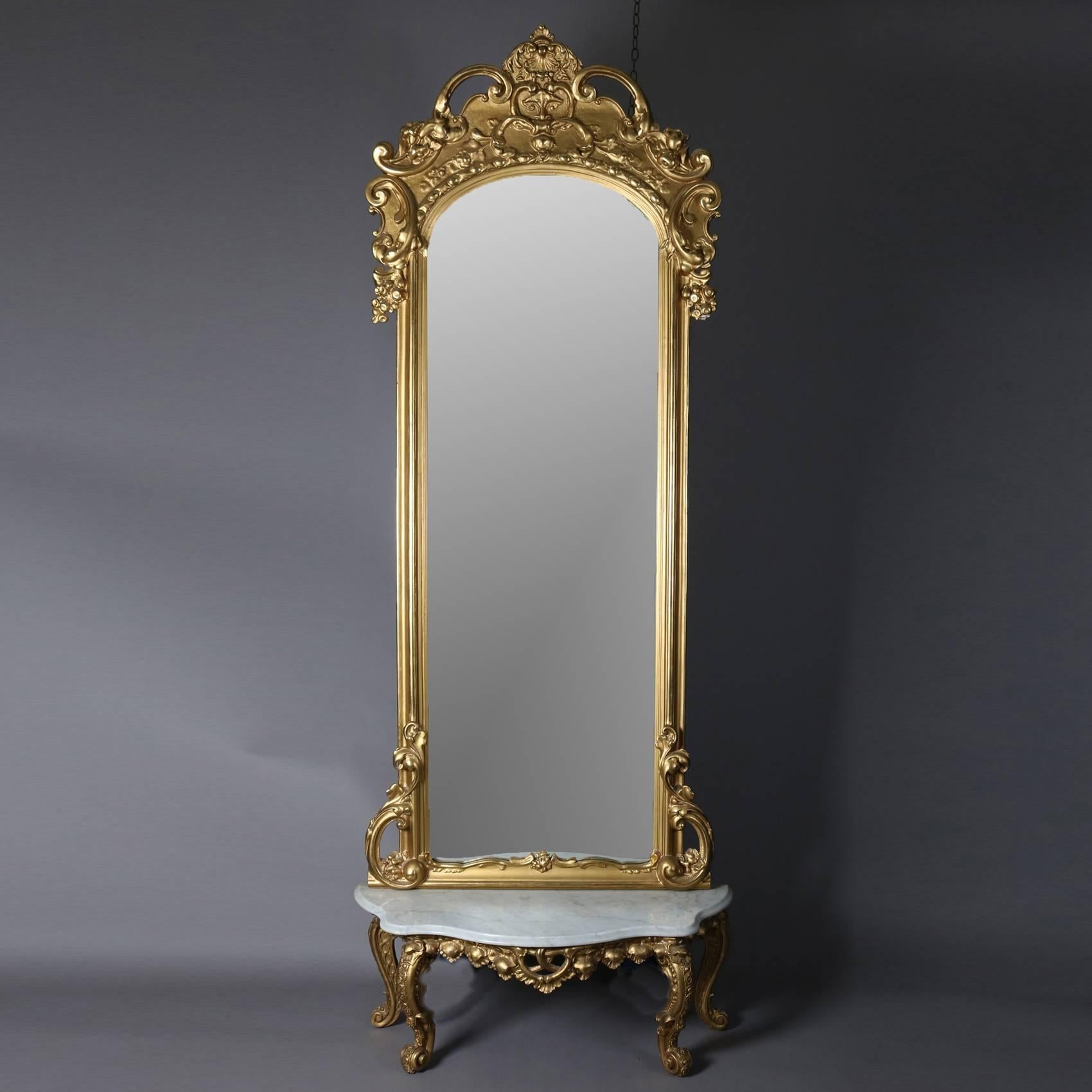 Antique French Louis XIV Style Giltwood Pier Mirror with Marble Top Base In Good Condition In Big Flats, NY