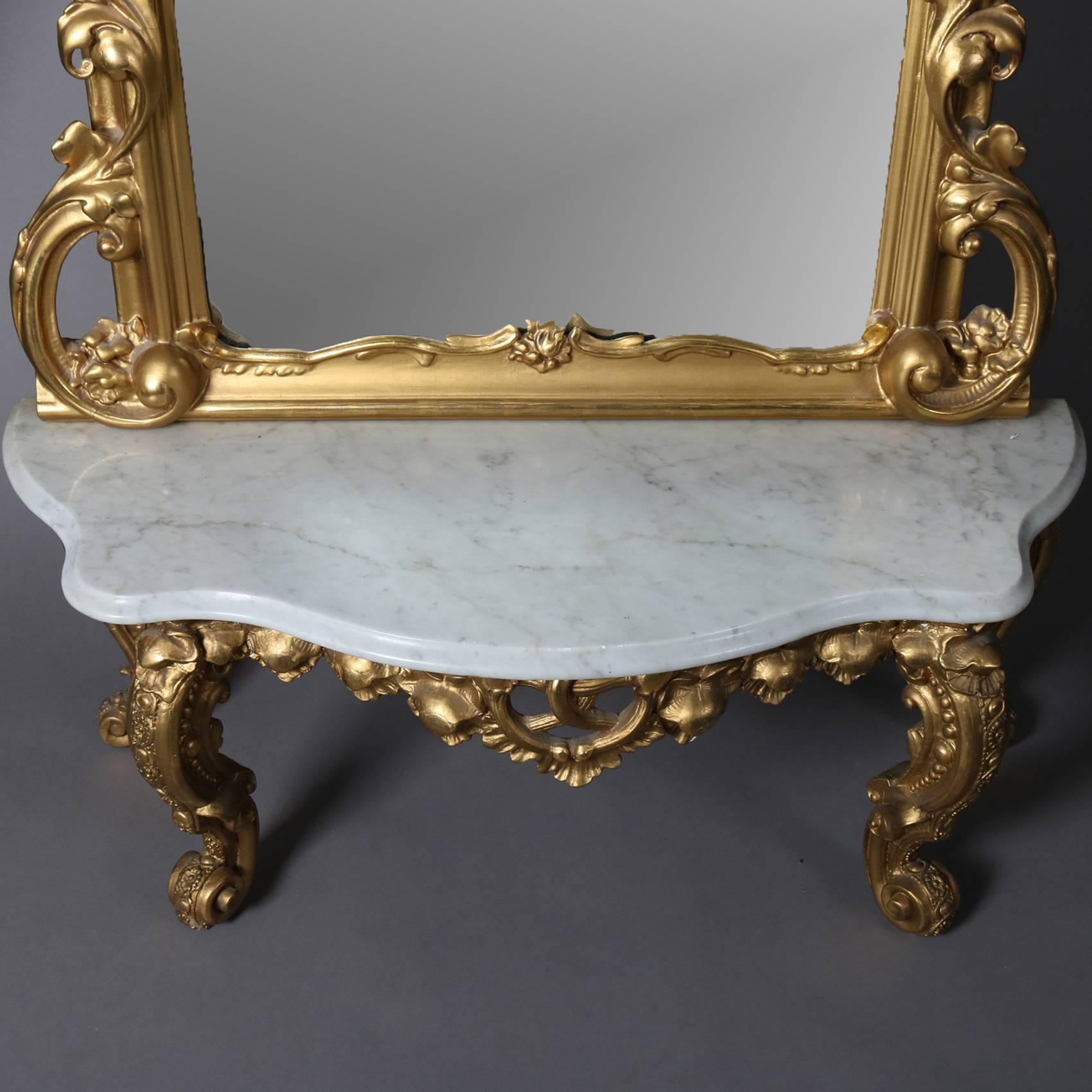 Antique French Louis XIV Style Giltwood Pier Mirror with Marble Top Base 1