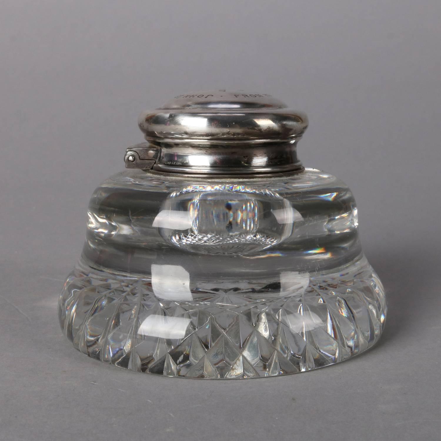 Antique French Cut Crystal and Sterling Silver Dedication Inkwell, 1896 In Good Condition In Big Flats, NY