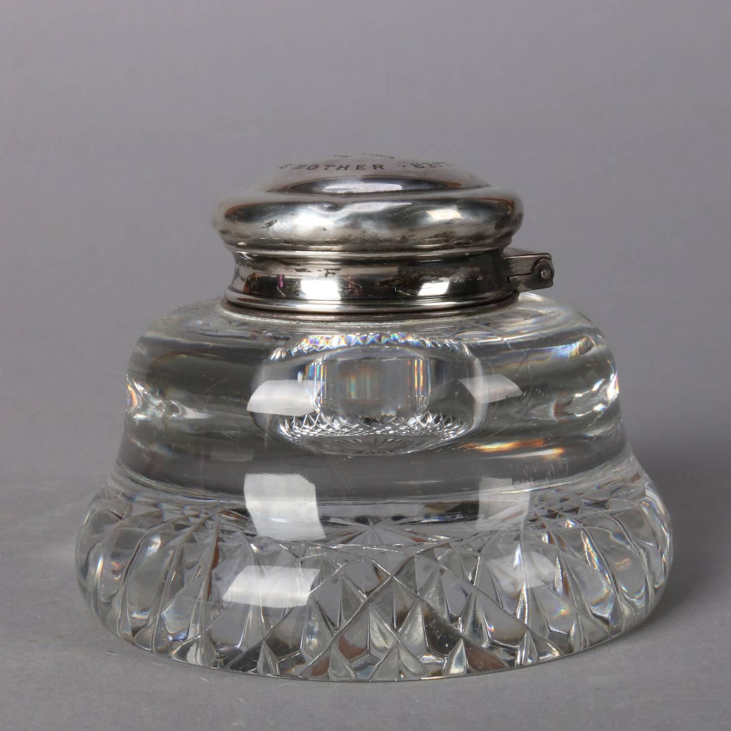 Antique French Cut Crystal and Sterling Silver Dedication Inkwell, 1896 2