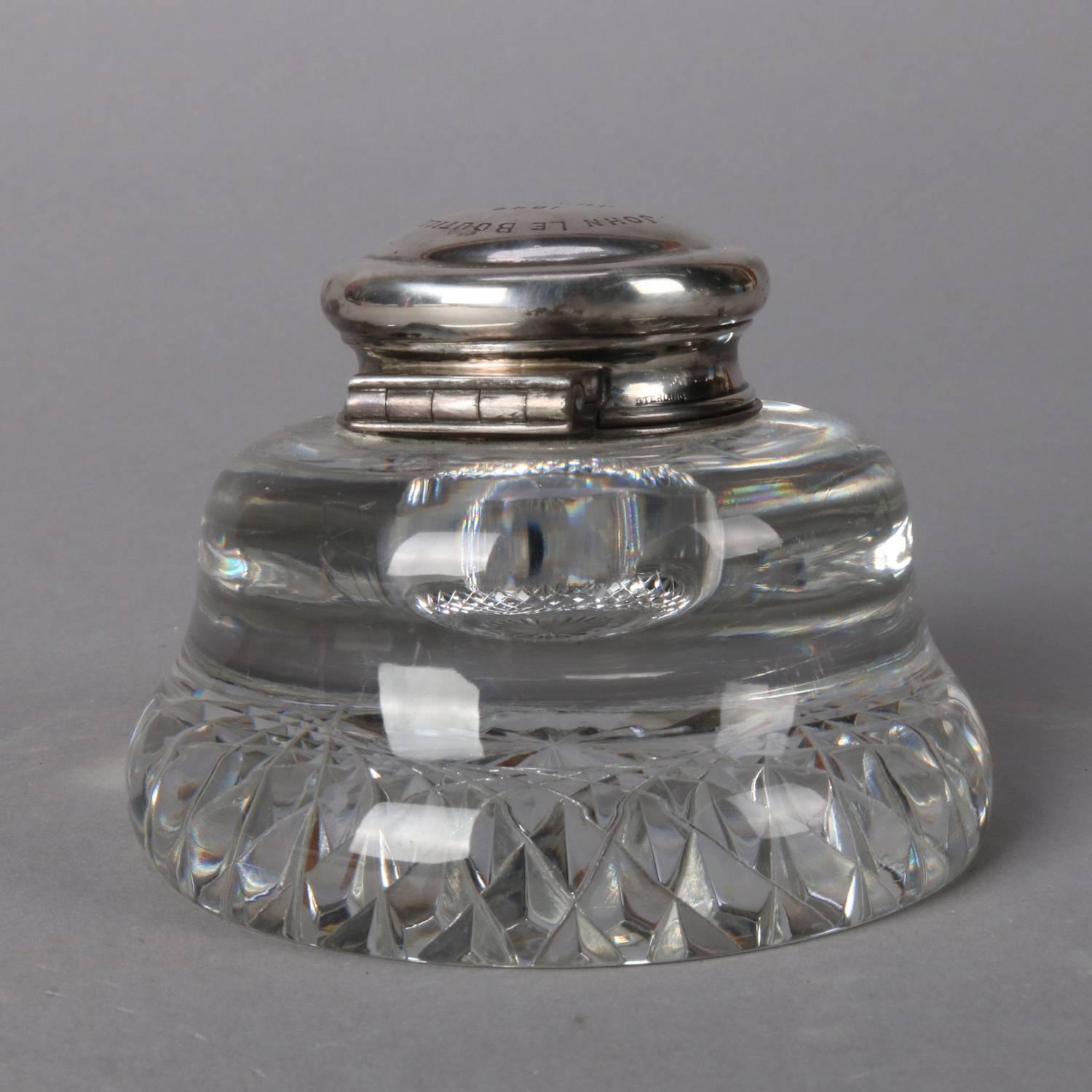 Antique French Cut Crystal and Sterling Silver Dedication Inkwell, 1896 4