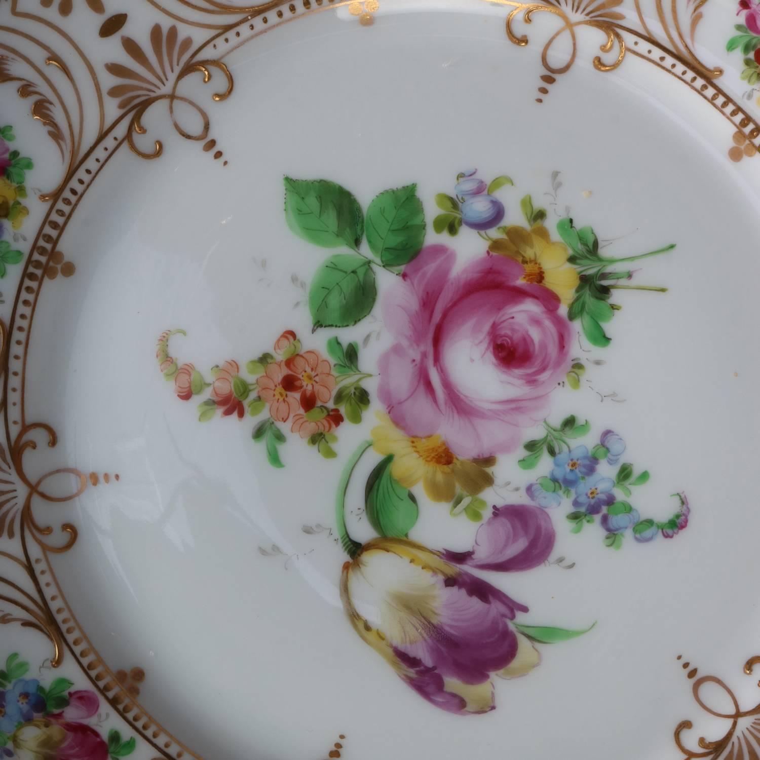 20th Century 12 German Floral & Gilt Hand-Painted Porcelain Dresden Rosenthal Plates