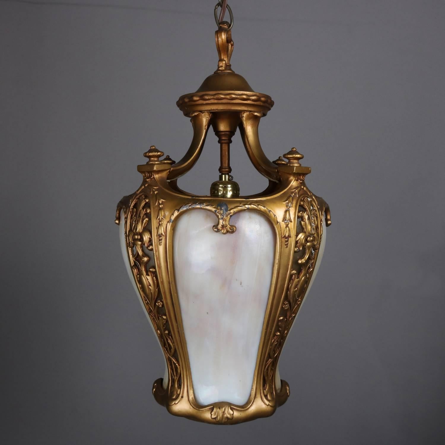 Neoclassical Gilt & Slag Glass Hanging Pendant Light, 20th Century 1
