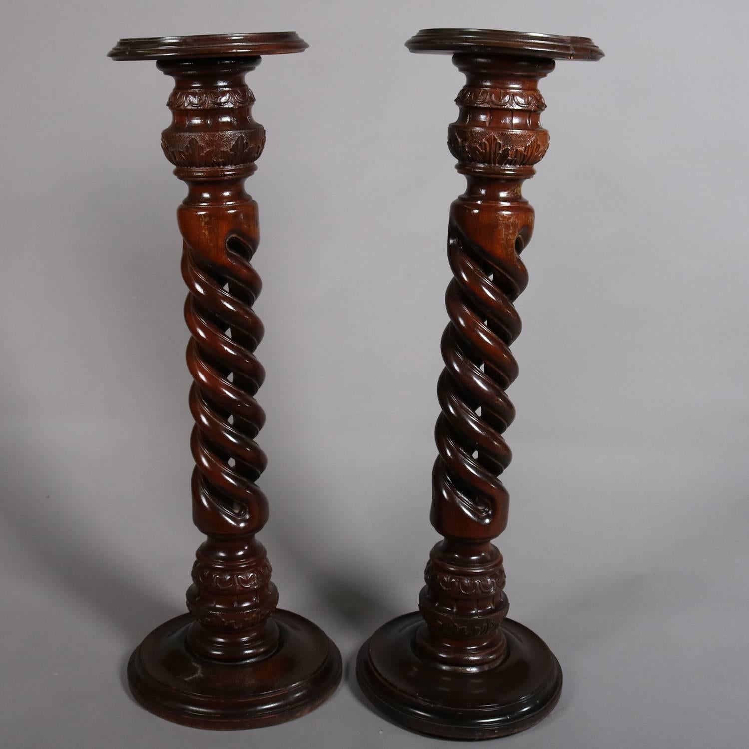 Pair of Neoclassical Heavily Carved Mahogany Open Barley Twist Pedestals 5