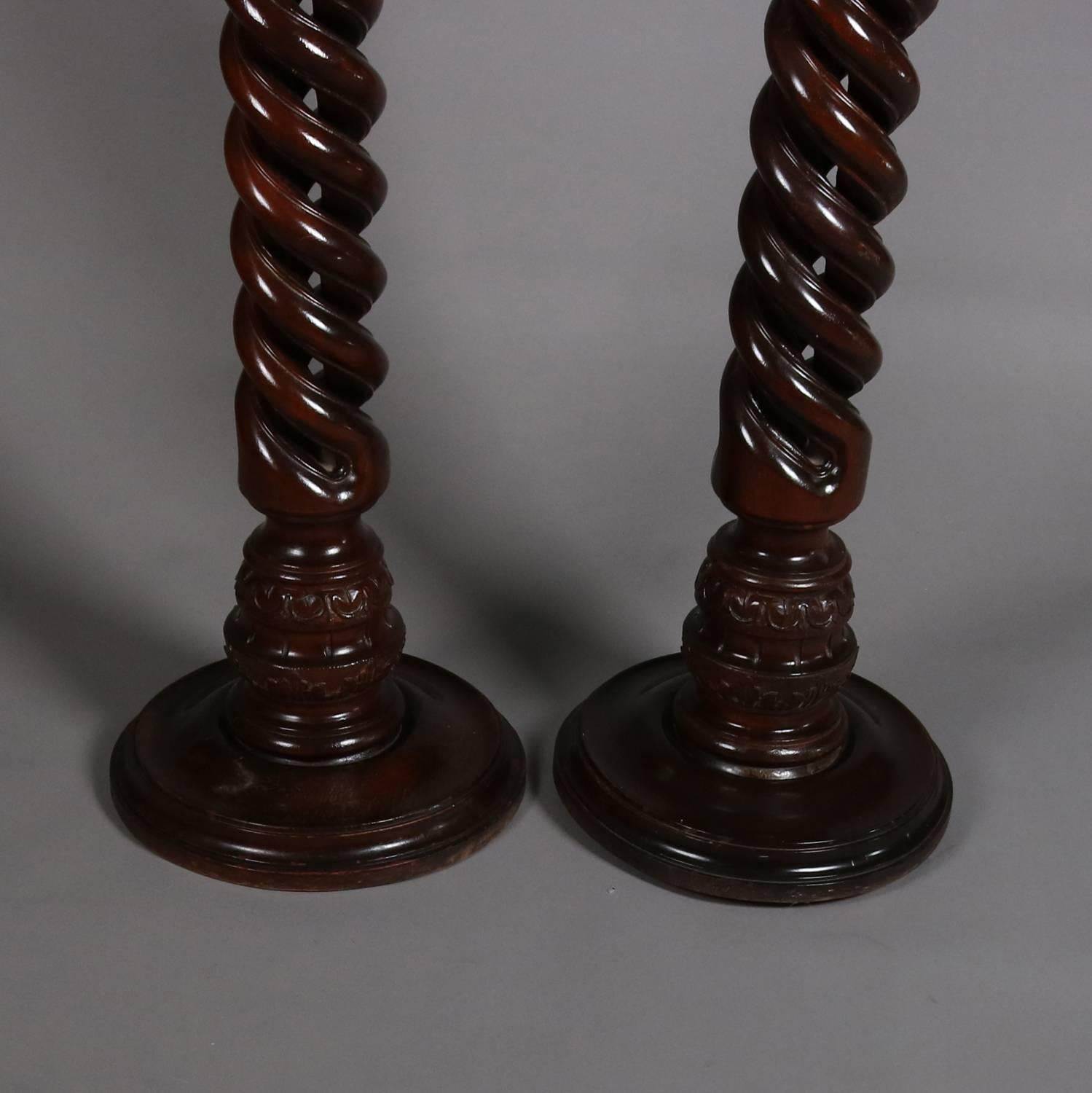 Pair of Neoclassical Heavily Carved Mahogany Open Barley Twist Pedestals 3