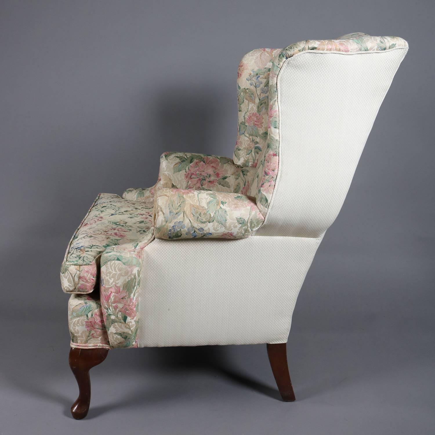 Upholstery Pair of Queen Anne Style Floral Upholstered Wingback Chairs, 20th Century