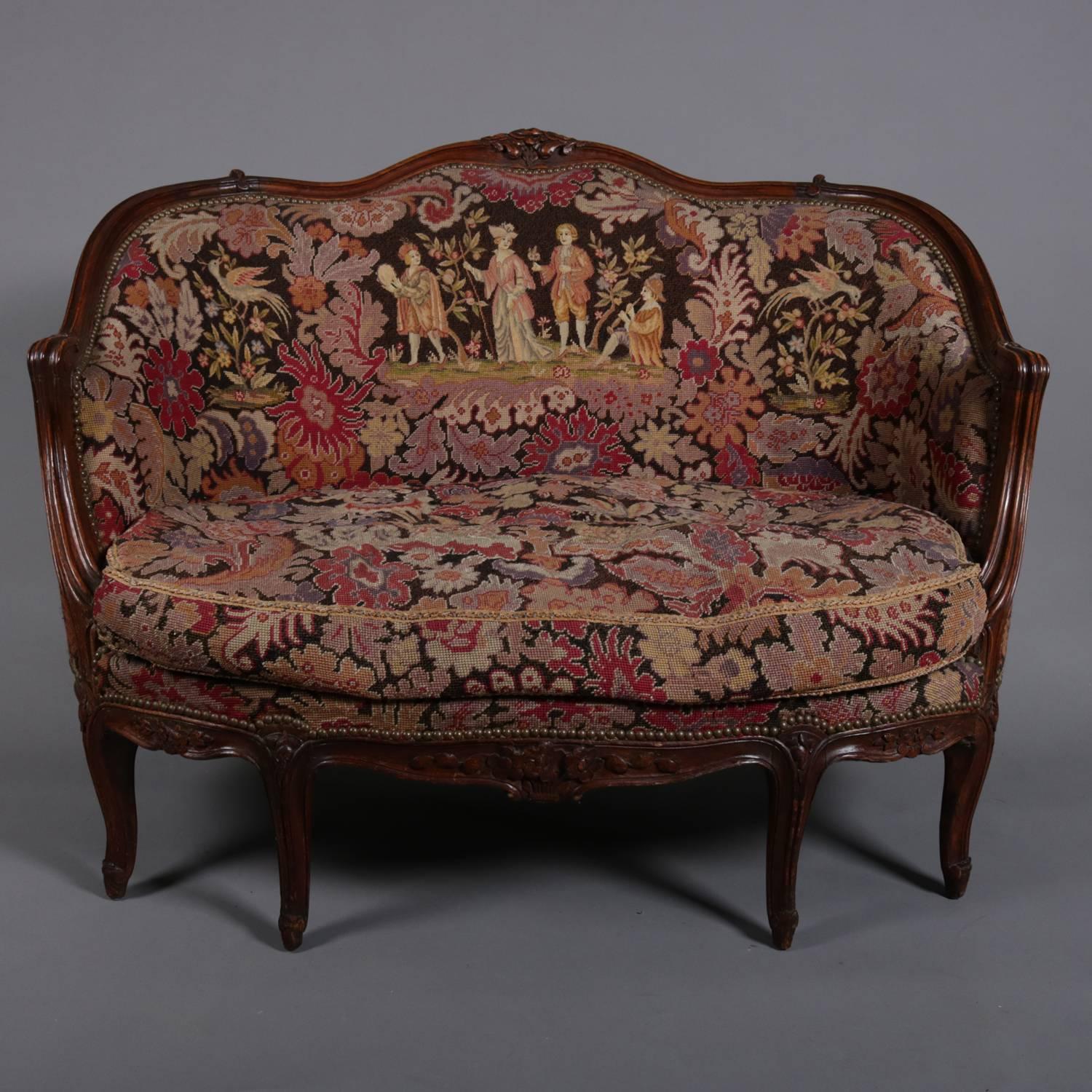 French Louis XV Style Mahogany and Pictorial Tapestry Settee, 19th Century 3