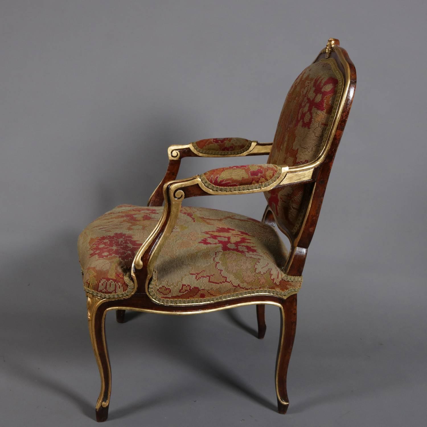 Louis XVI Style Parcel-Gilt Fruitwood and Tapestry Fauteuil, Early 20th Century In Good Condition In Big Flats, NY