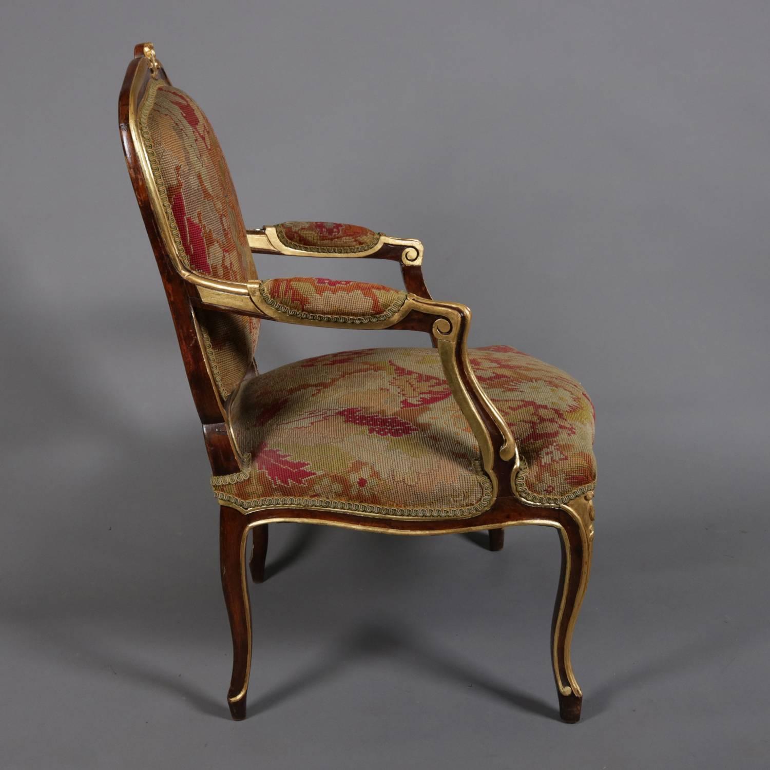 Louis XVI Style Parcel-Gilt Fruitwood and Tapestry Fauteuil, Early 20th Century 2