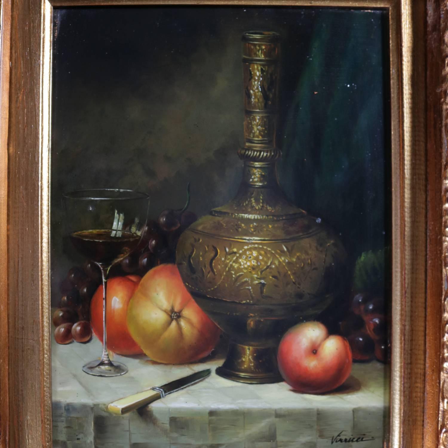 Antique Moorish oil on board still life of glass of red wine, fruit and brass vessel (decanter), signed lower right Virricci, seated in giltwood frame, 20th century

Measures: 20