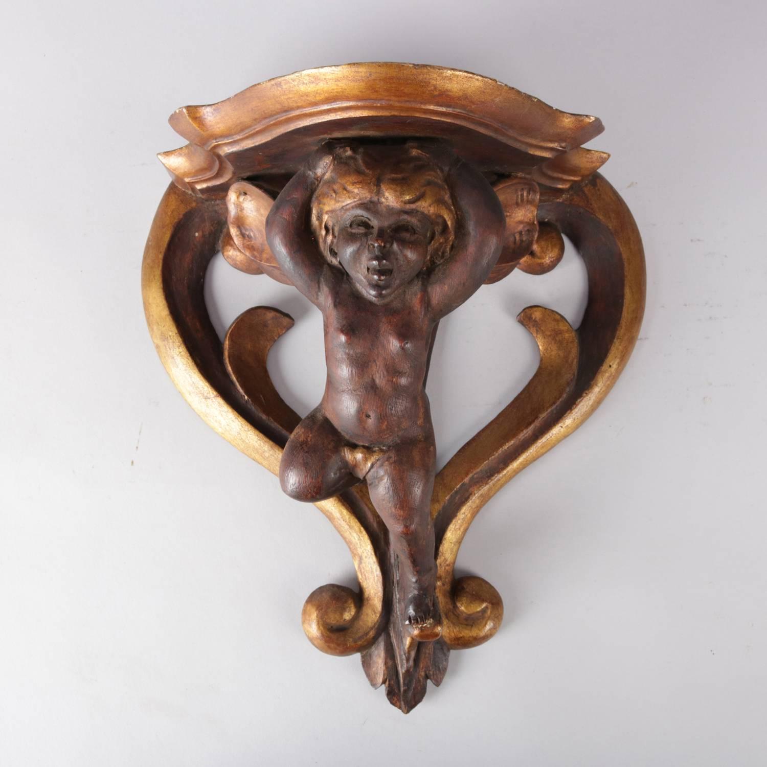 Pair of Antique Italian Baroque Cherub Painted and Gilt Gesso on Wood Sconces In Good Condition In Big Flats, NY