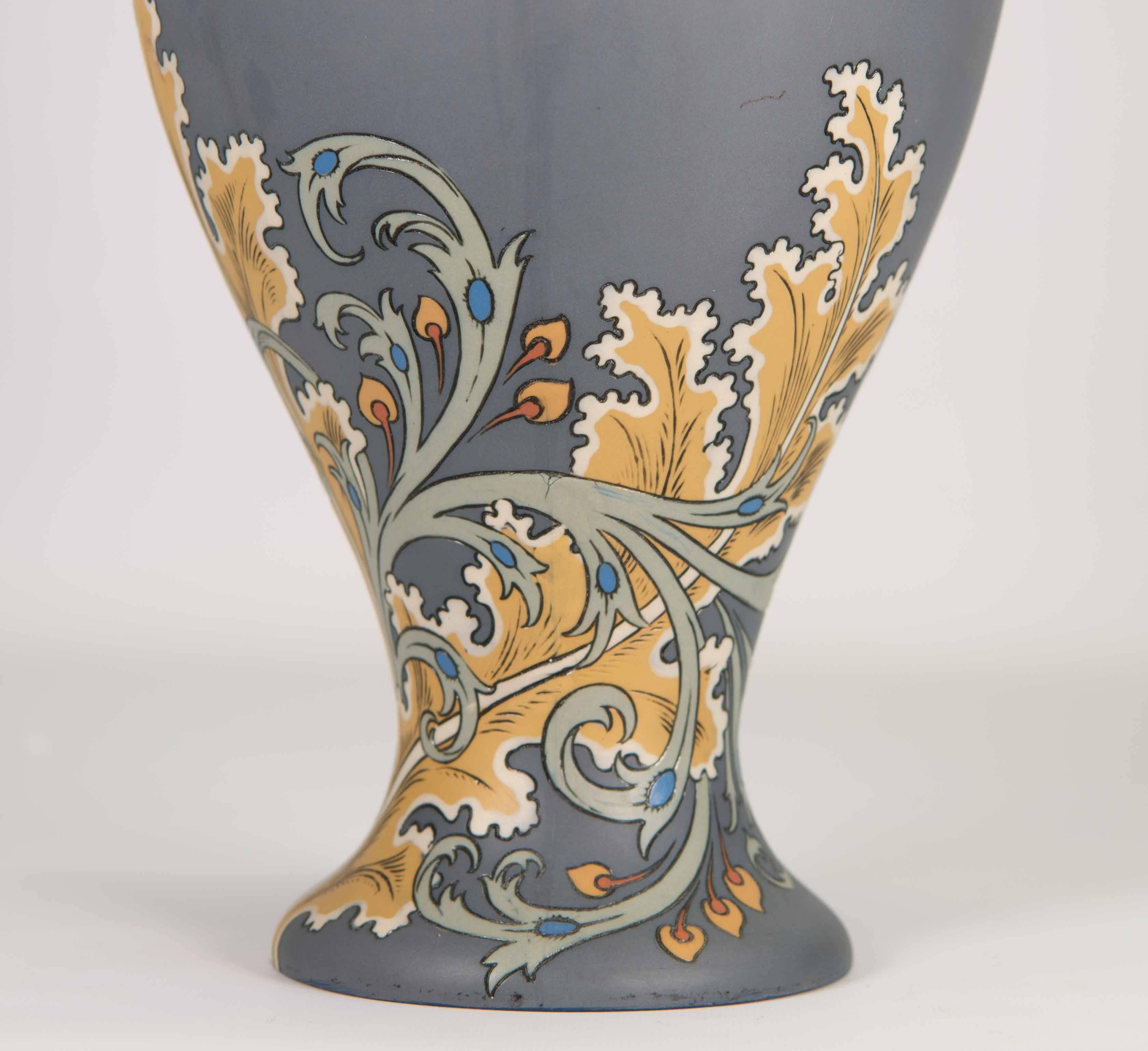 German Mettlach Art Nouveau Vase with Floral Decor, circa 1900