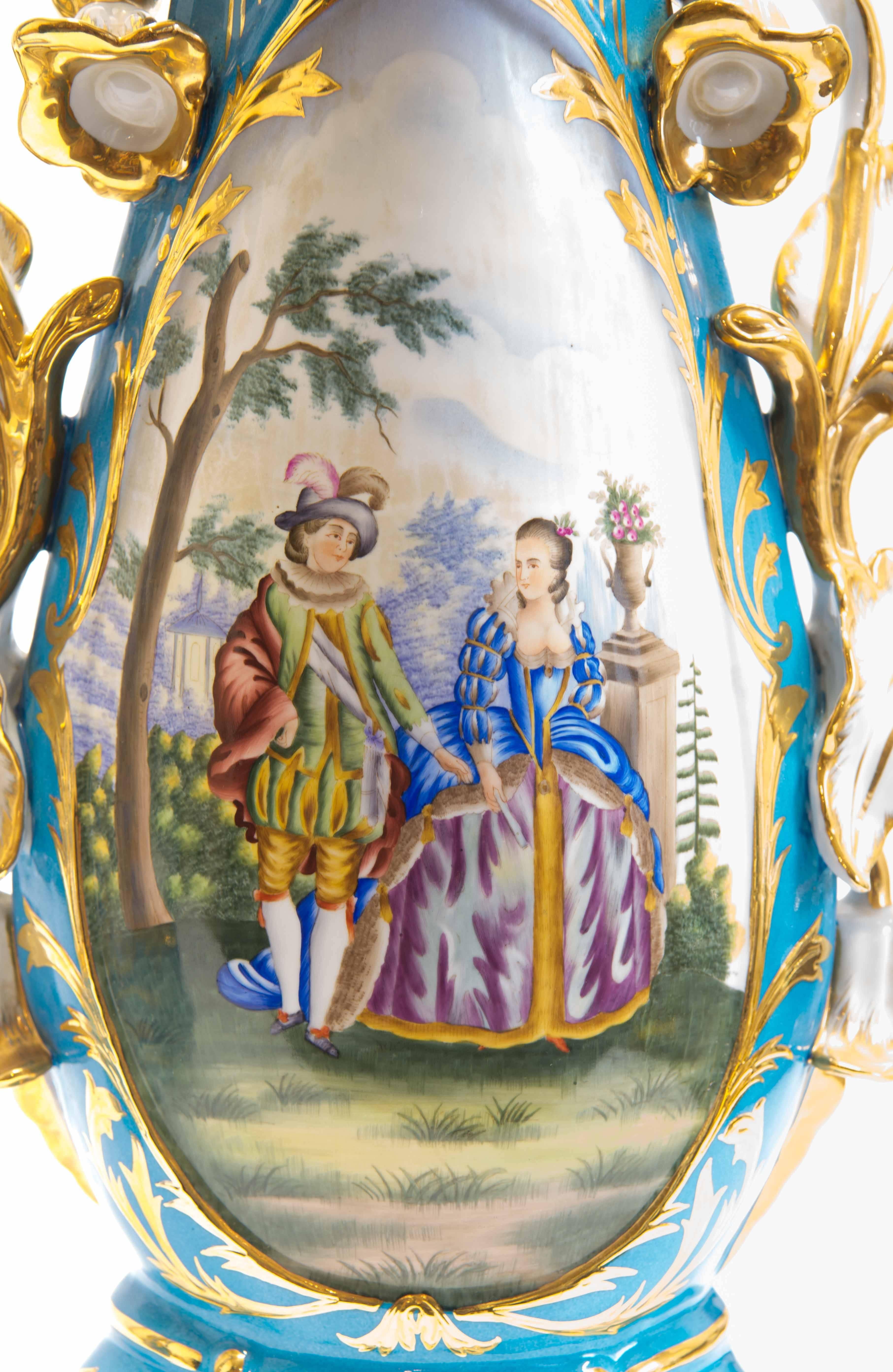 Large Pair of 20th Century Meissen Vases with Polychrome Decor, Germany In Excellent Condition For Sale In Wingene, BE