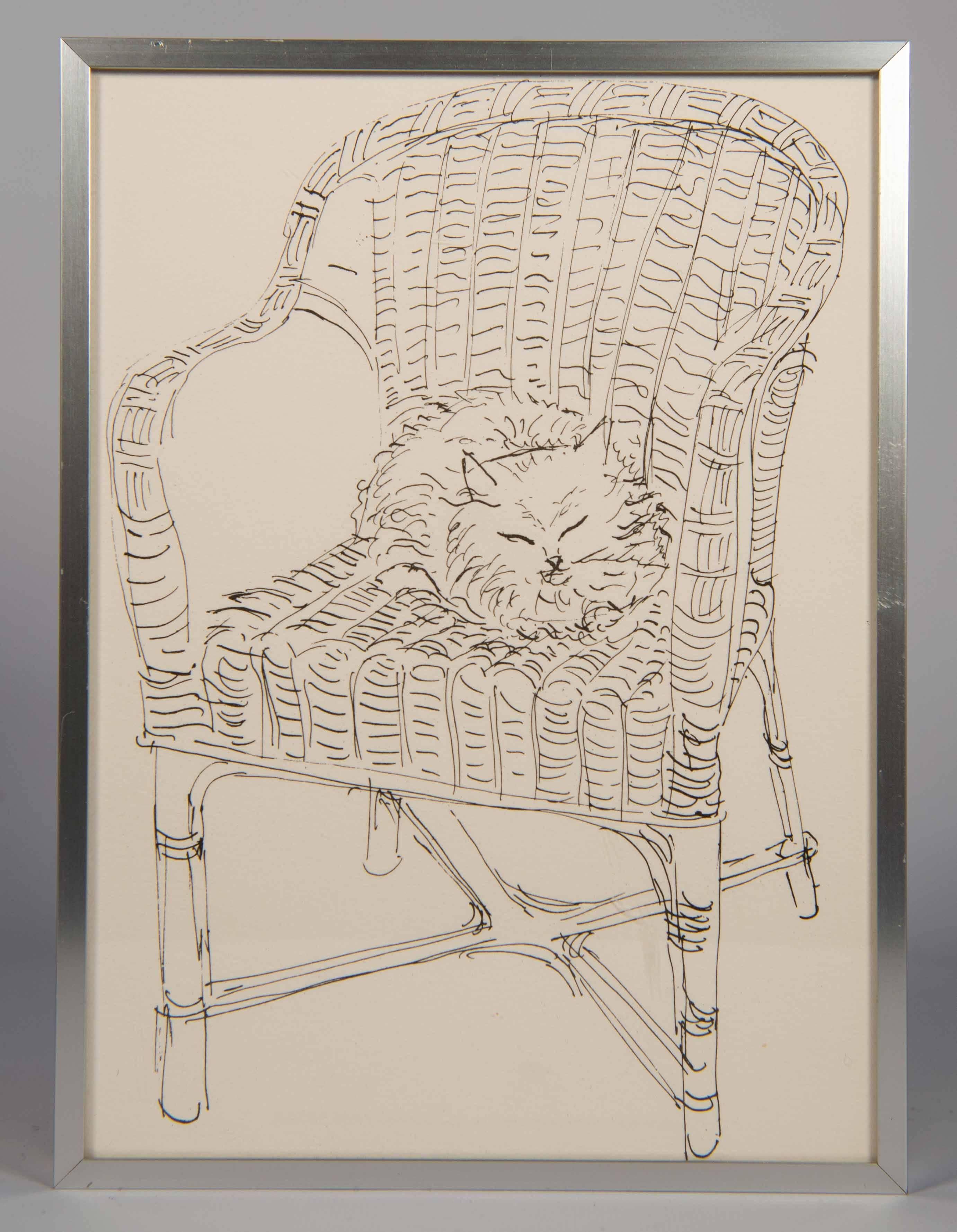 Set of six pen drawing lithographs by Pierre Boncompain. All of them were made circa 1980-1984 and signed and dated on the back. They are stored in Schleiper frames. 

- Cat on the sofa
- Lady lying down
- Chair with fruit basket
- Thinking