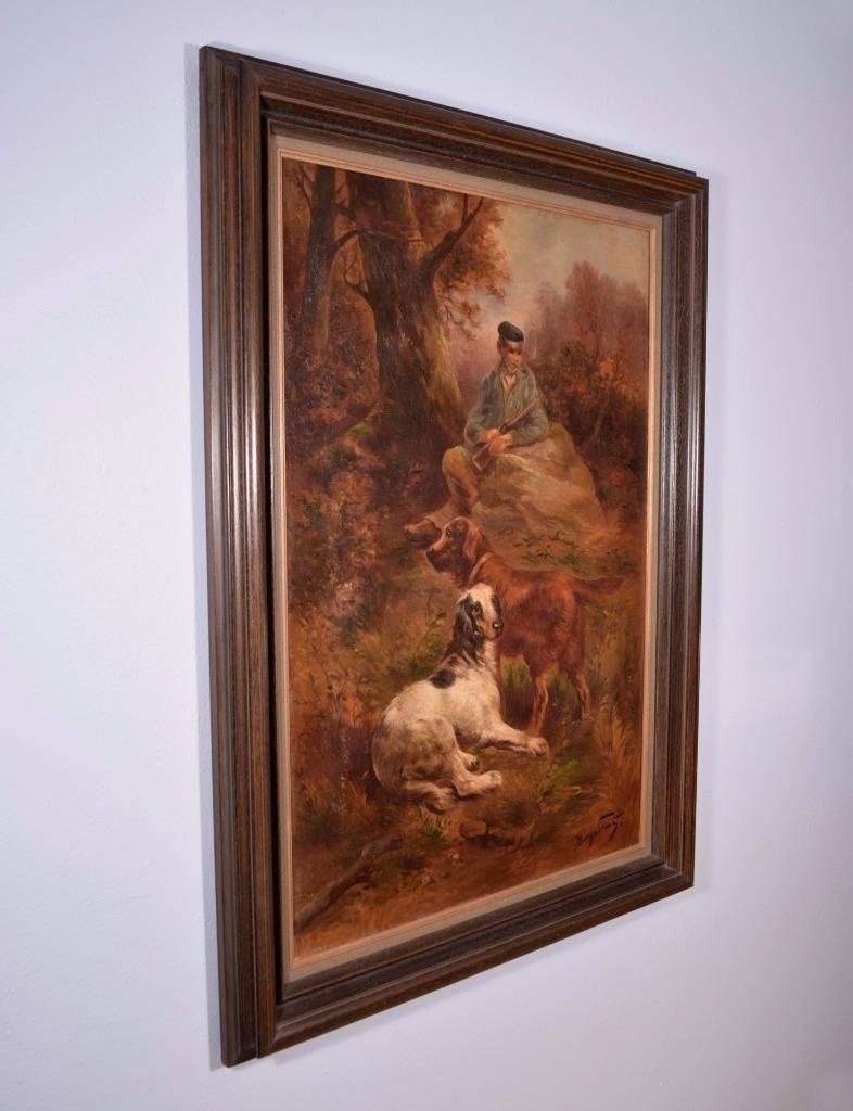 Belgian Antique Oil on Canvas Painting of Hunter and Dogs by Henry Schouten For Sale